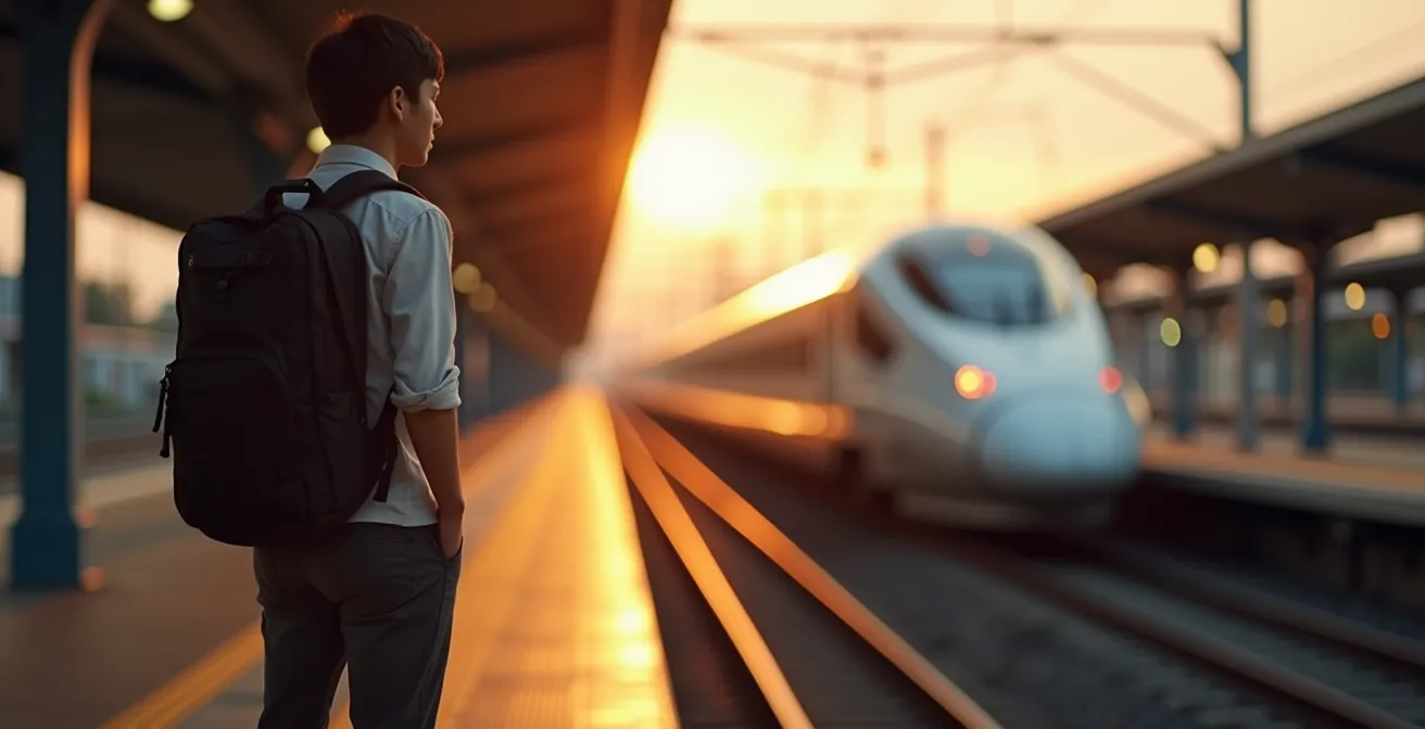 Voyageur attendant sur le quai d'une gare avec le nez du Shinkansen en arrière-plan